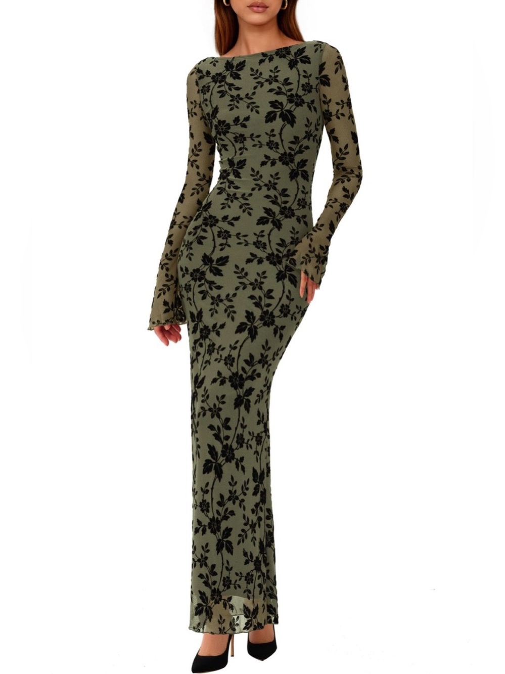 Olive Green Floral Long-Sleeve Sheer Maxi Dress